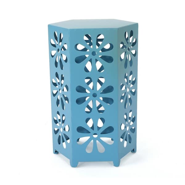 Zeus & Ruta 14 in. x 12 in. x 22 in. Blue Metal Frame Outdoor Hexagon Side Table Accent Table for Balcony, Porch, Lawn
