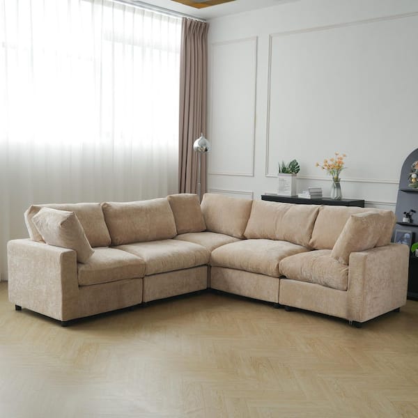 100.5 in. Square Arm Chenille Couch Modular Free Combination Sectional Sofa in Light Brown 5 Piece