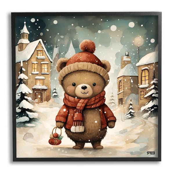 Stupell Industries Bear in Snowy Winter Village by RB 1-Piece Framed Graphic Print Animal Poster Art Print 12 in. x 12 in.