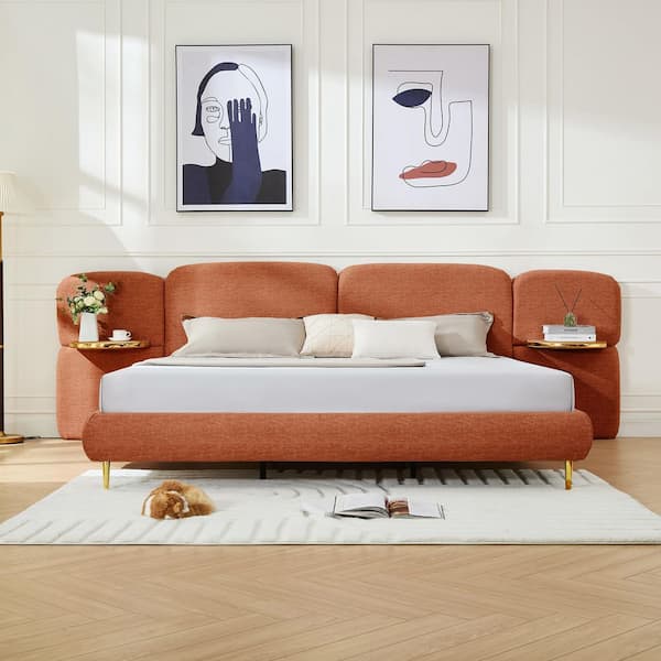 CHRISTOPHER KNIGHT HOME Luna Modern Orange Wood Frame King Size Upholstered Platform Bed with Block-Shaped Headborad, 2 Side Panel Nightstands 143198
