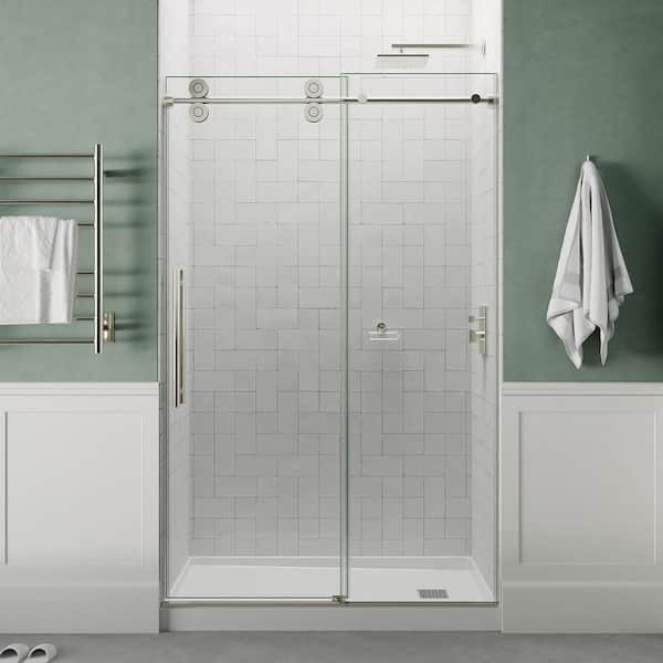 Ozean 56 to 60 in. W x 76 in. H Frameless Sliding Shower Door in Brushed Nickel with Tsunami Guard Tempered Clear Glass
