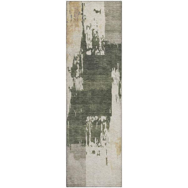 Mayfield Premium Machine Washable Abstract AMF2347 Olive 2 ft. x 7 ft. Runner Rug