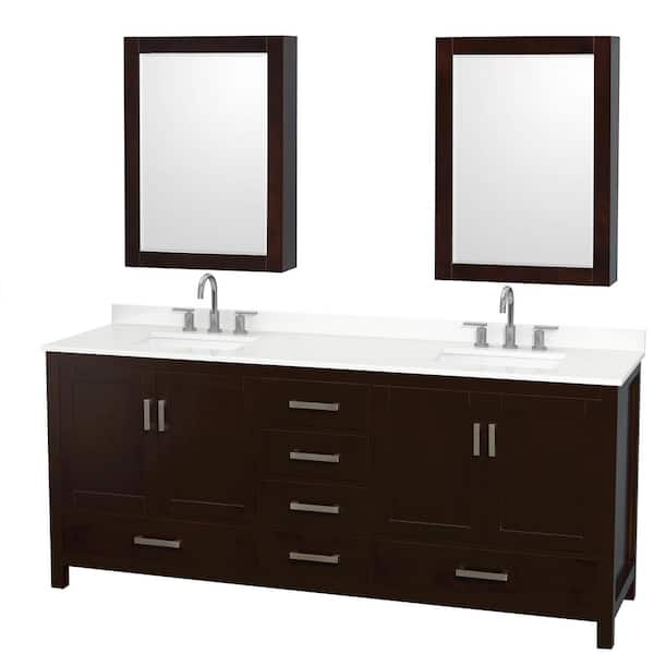 Wyndham Collection Sheffield 80 in. W x 22 in. D x 35 in. H Double Bath Vanity in Espresso with White Quartz Top and Mirror