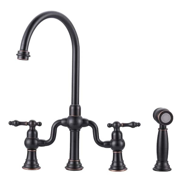Solid Brass Double Handle High-Arc Deck Mounted Bridge Kitchen Faucet with Side Sprayer in Oil Rubbed Bronze