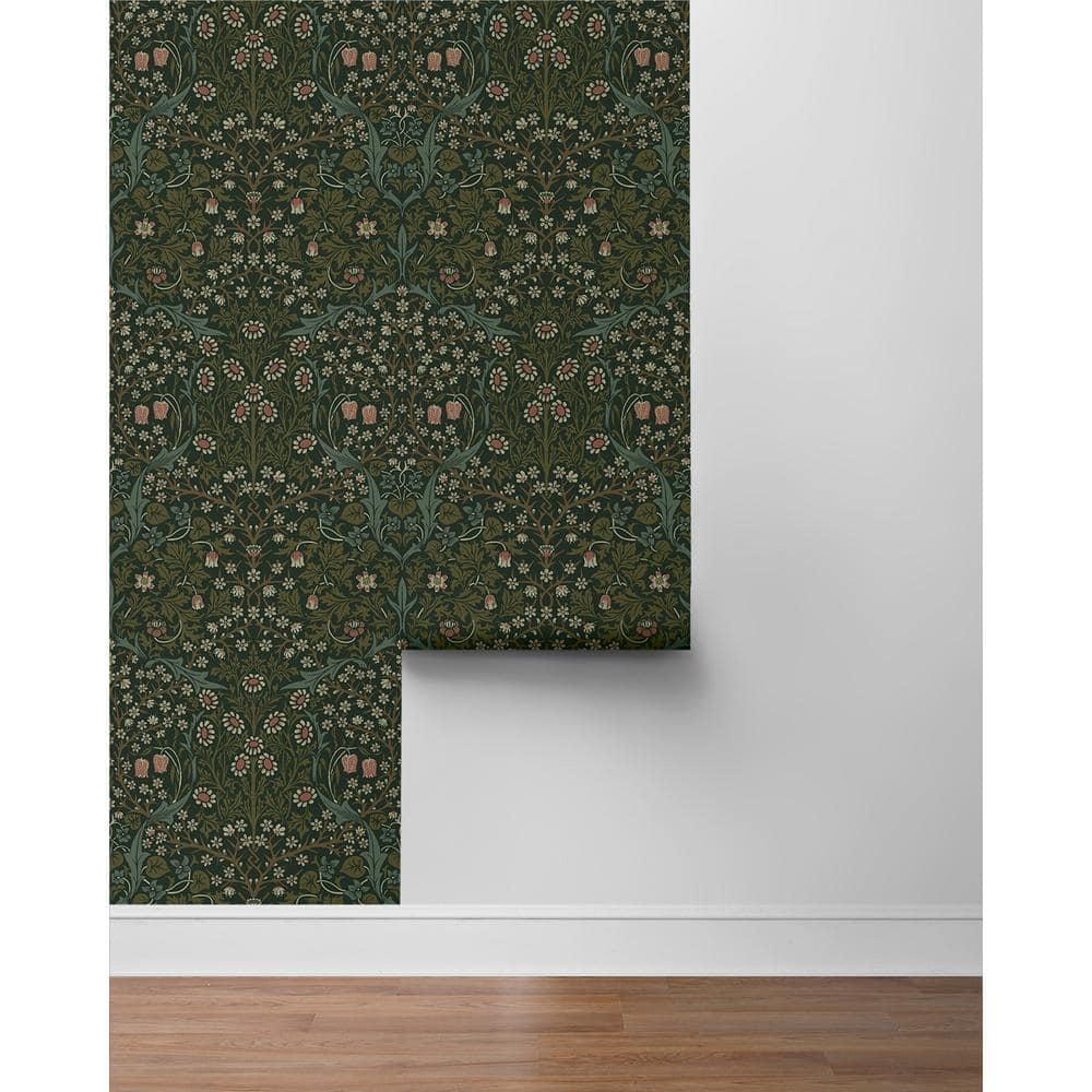 Victorian Garden Green Damask Self-Adhesive Peel and Stick Wallpaper