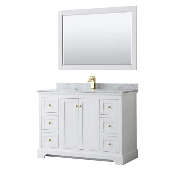 Wyndham Collection Avery 48 in. W x 22 in. D x 35 in. H Single Sink Bath Vanity in White with White Carrara Marble Top and 46 in. Mirror