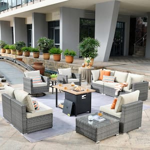 Hippish Gray 11-Piece Wicker Patio Fire Pit Table Conversation Set with Beige Cushions and Swivel Rocking Chairs