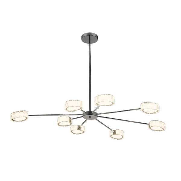 OUKANING 8-Light Integrated LED Chrome Modern Crystal Chandelier with Adjustable Height for Bedroom Living Room Dining Room