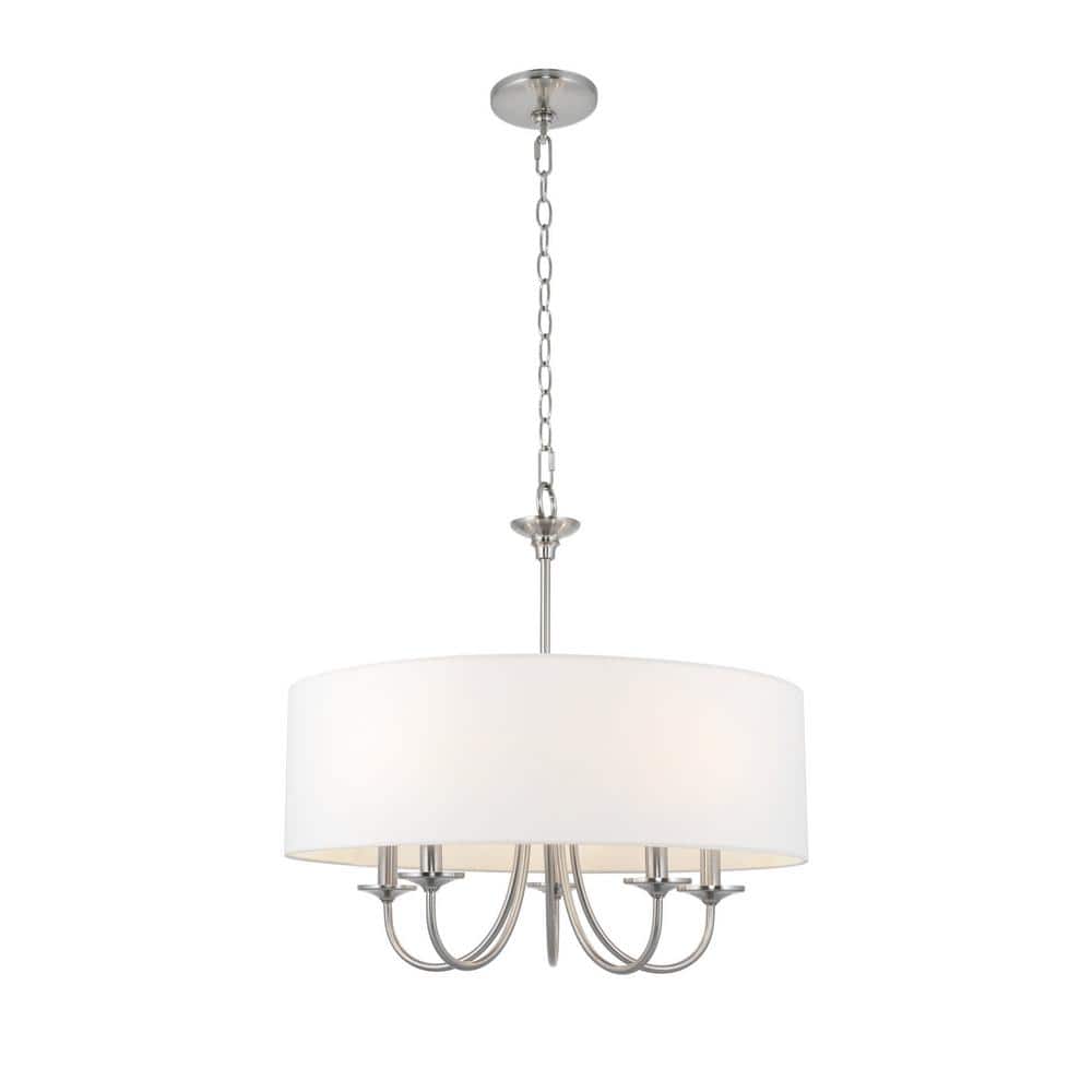 Elegant Brushed Nickel 5-Light Drum Chandelier with White Linen Shade