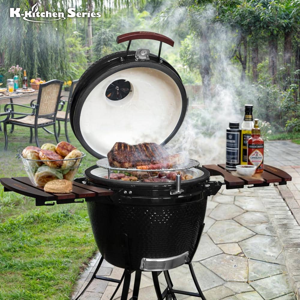Kalamera 24'' Black Ceramic Kamado Charcoal Grill with Cart