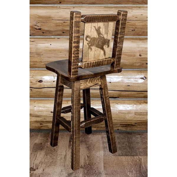 Homestead Collection 30 in. Early American Laser Engraved Bronc Motif Bar Stool with Swivel Seat and Back
