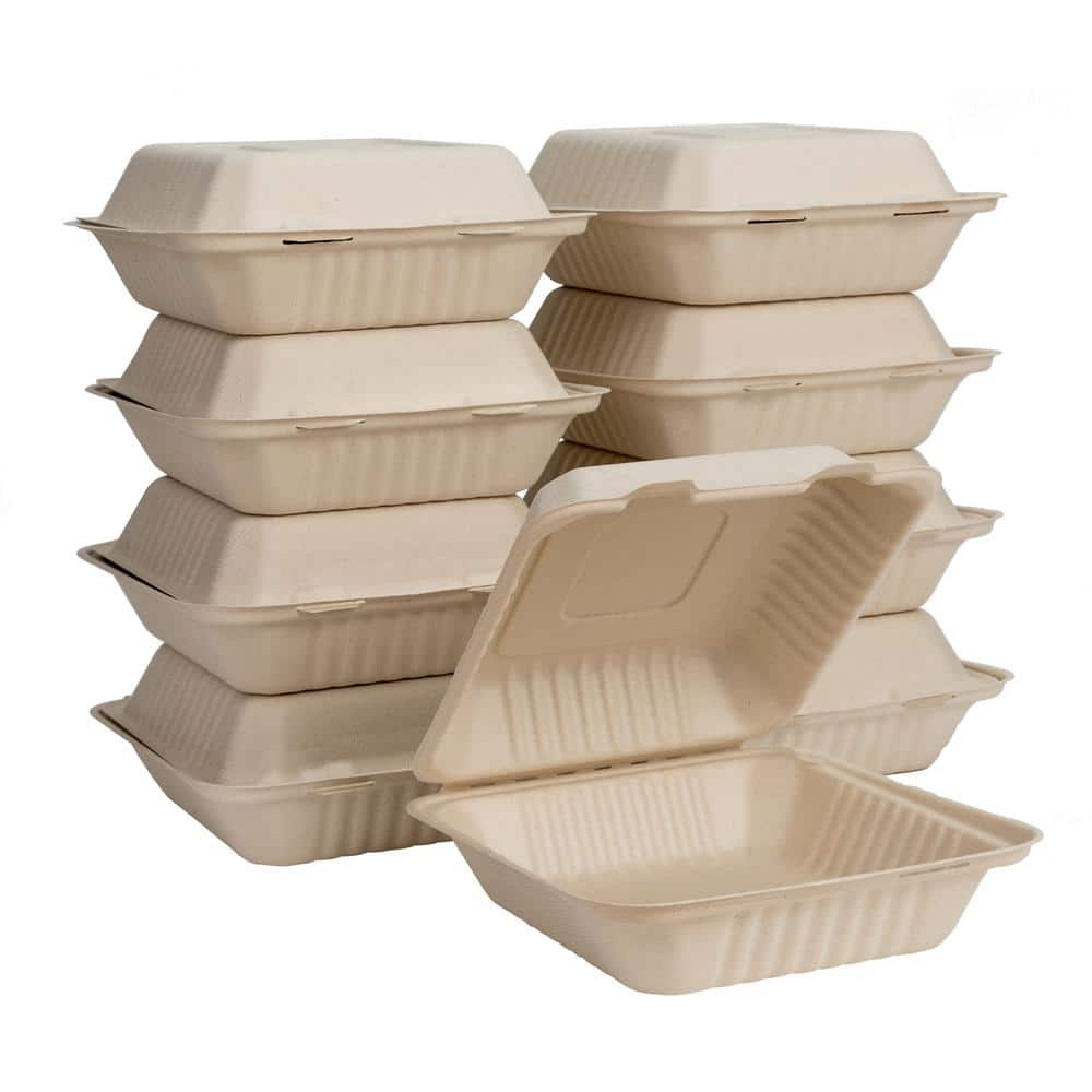 8 in. Natural Sugarcane Clamshell Containers (300 Pack) 2019000016 ...