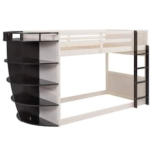 Espresso and Cream Twin over Twin Wood Boat Shape Bunk Bed with 5-Tier Storage Shelves