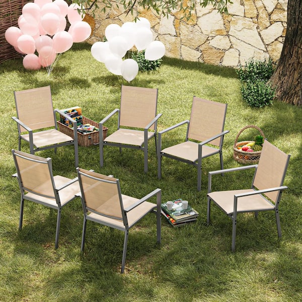 Lofka Brown 7-Piece Textilene and Iron Outdoor Dining Set 6 Chairs