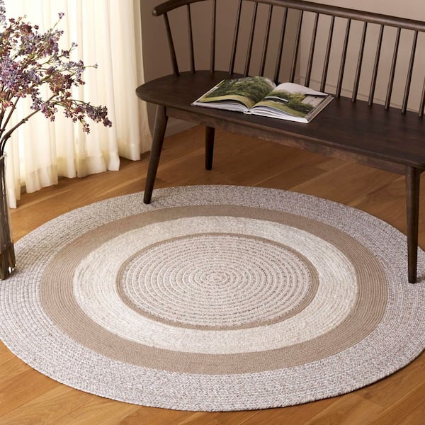 Braided 6 ft. x 6 ft. Round Beige/Ivory Farmhouse Braided Rings Area Rug