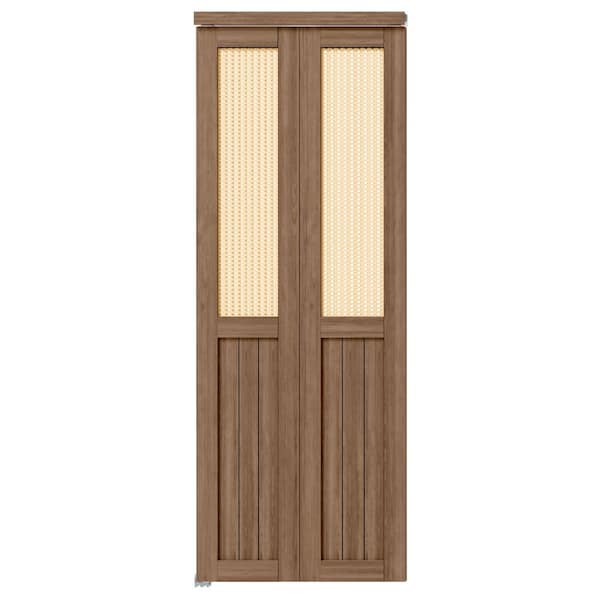 30 in. x 80 in. Half Webbing Half Panel, MDF,Cherry, Solid Core, Composite, PVC Covering Bi-Fold Door with Hardware Kits