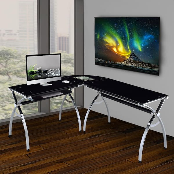 TECHNI MOBILI 62 in. L-Shaped Black/Chrome Computer Desk with Keyboard Tray