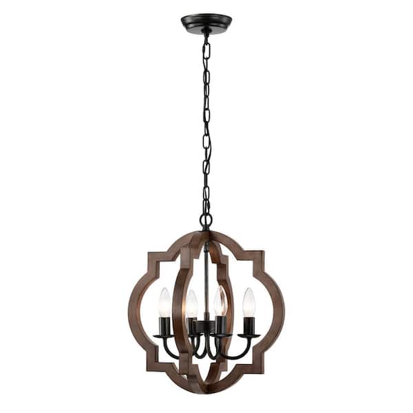 Una 15.7 in 4-Light Brown Natural Wood and Antique Black Metal Chandelier