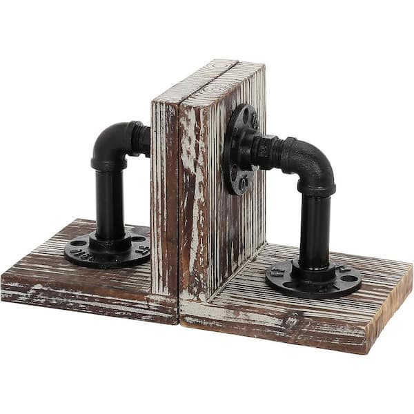 Torched Wood 5 in. x 6 in. Wood Bookend with Realistic Industrial Pipe Design, 1 Pair