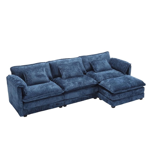 112 in. Sq. Arm 4-Piece L Shaped Chenille Modern Sectional Sofa in Navy Blue with Moveable Ottoman