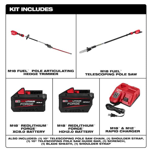 M18 FUEL 10 in. 18V Brushless Cordless Telescoping Pole Saw w/ 24 in. Pole Hedge Trimmer, (2) Batteries, Charger