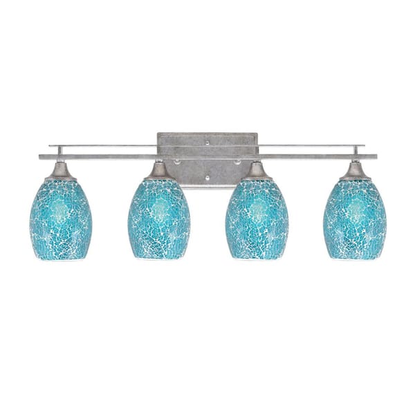 Unbranded Ontario 27.25 in. 4-Light Vanity Light Aged Silver Turquoise Fusion Glass Shades