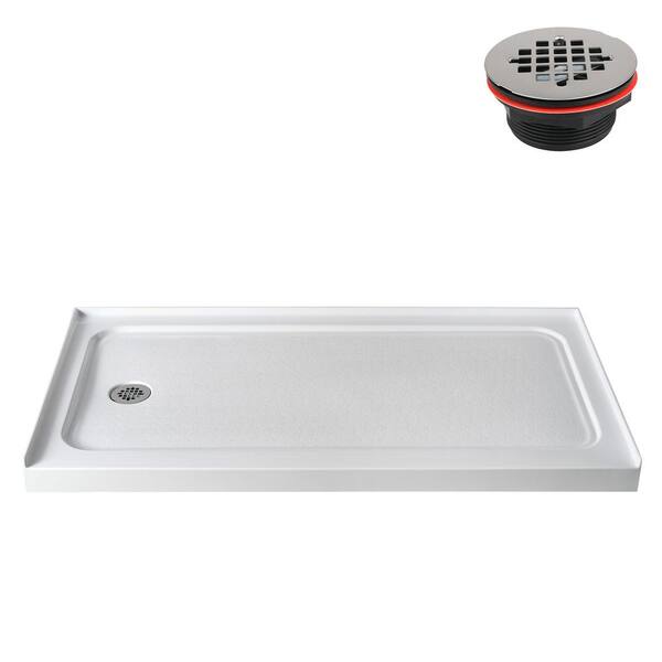 Streamline 60 in. L x 32 in. W Alcove Acrylic Shower Pan Base in Glossy White with Left Drain, Drain Included