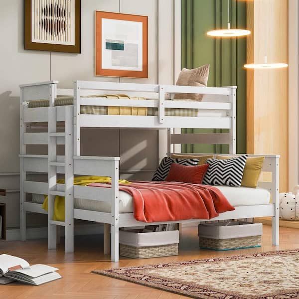 Polibi White Wood Twin XL Over Queen Bunk Bed with Ladder