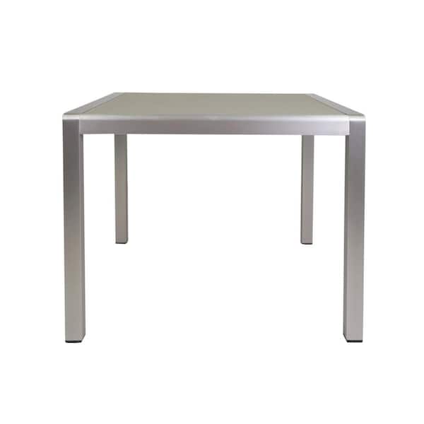 Zeus & Ruta Silver and Gray Anodized Aluminum Square Outdoor Dining Table, Wicker Table Top