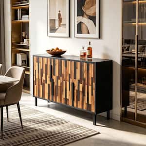 Black Farmhouse Wood Buffet Rustic Sideboard With Straight Wood Pattern, Modern Accent Cabinet
