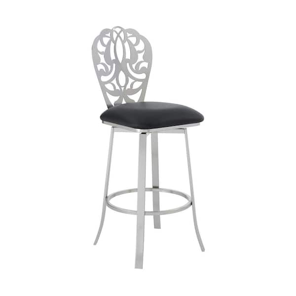 Armen Living Cherie Contemporary 26 in. Counter Height Bar Stool in Brushed Stainless Steel and Black Faux Leather