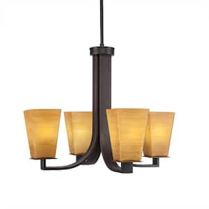 Aspen 4-Light Dark Granite Chandelier, Square Chandelier with 5 in. Square Cayenne Linen Glass Shades, No bulbs included