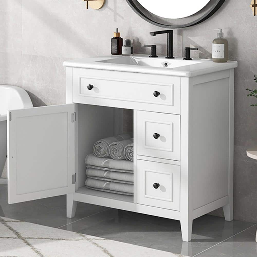 30 in. W x 18 in. D x 32.5 in. H Freestanding Bath Vanity in White with Whi