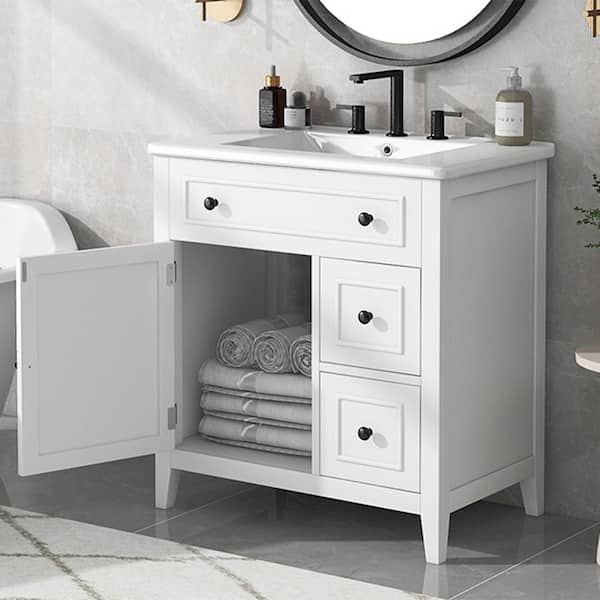 Unbranded 30 in. W x 18 in. D x 32.5 in. H Freestanding Bath Vanity in White with White Ceramic Top