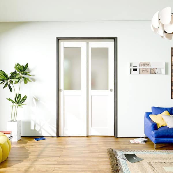 48 in. x 80 in. (Double 24 in.) Primed, White, Solid Core MDF, 1/2 Lite, Frosted Glass Panel Door with Bypass Hardware