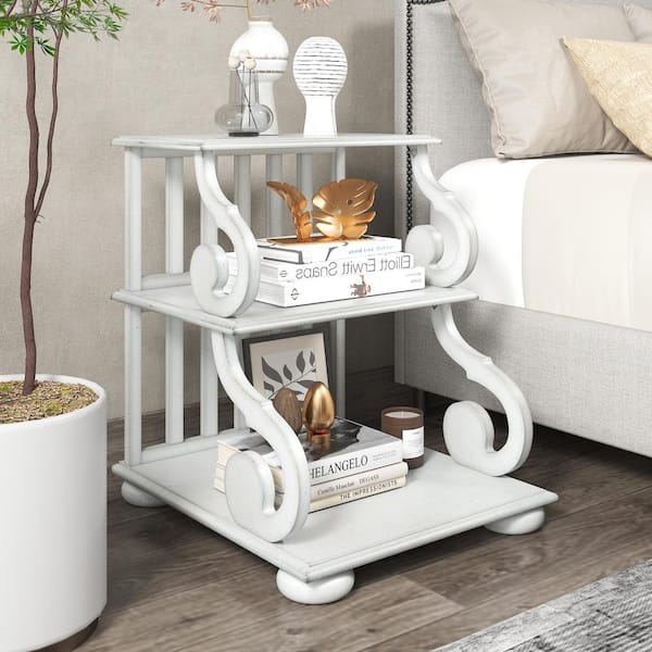 Seafuloy 18 in. W White Classic Vintage Wood Side Table NightStand with Elegant Legs and 3-Tier