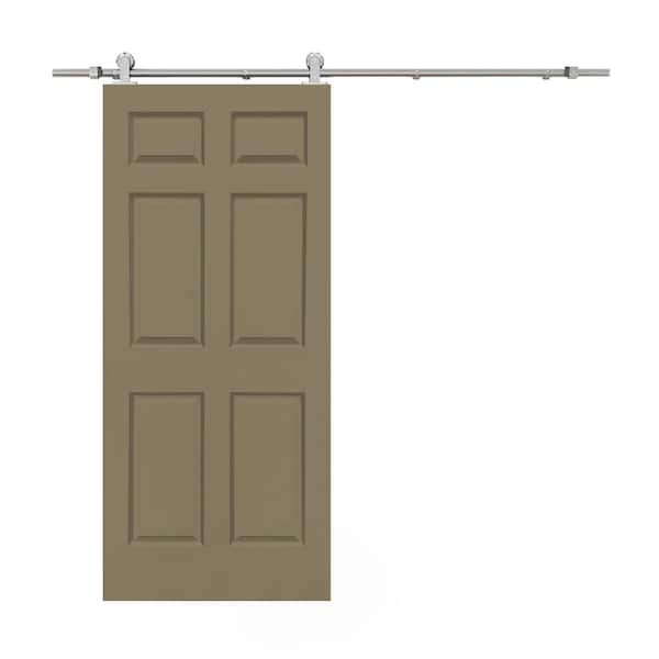 CALHOME 30 in. x 80 in. Olive Green Stained Composite MDF 6-Panel Interior Sliding Barn Door with Hardware Kit