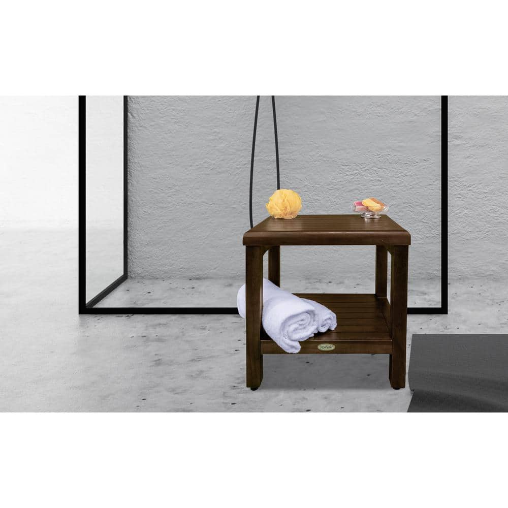 Classic Woodland Brown Teak Shower Bench with Shelf, 18"