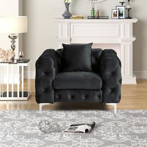 Modern Contemporary Accent Chair with Deep Button Tufting Dutch Velvet, Solid Wood Frame and Iron Legs in Black