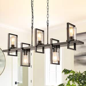 Retro 5-light Black Farmhouse Metal Geometric Linear Chandelier Light Fixture for Kitchen Island Dinning Room Foyer