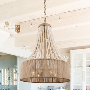 Farmhouse 17.7 in. 4-Light Antique Gold Empire Wood Beaded Chandelier with Jute Rope Shade