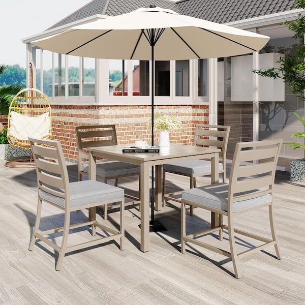 Anvil 5-Piece Brown Steel Outdoor Patio Conversation Set and Umbrella Hole, Square Dining Table Chair Set with Gray Cushions