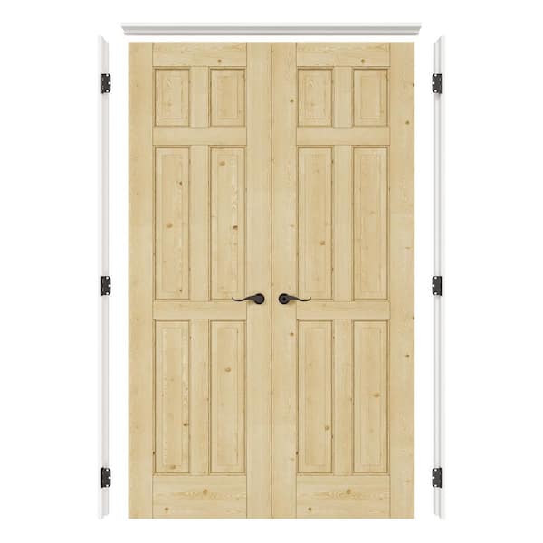 48 in. x 80 in. 6-Panel Universal Solid Core Unfinished Pine Wood Double Prehung Interior Door with Quick Assemble Jamb
