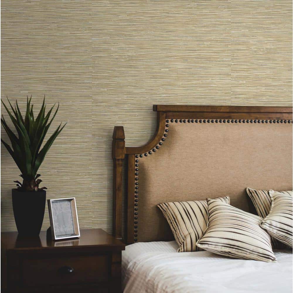 Khaki and Metallic Silver Faux Grasscloth Peel and Stick Wallpaper
