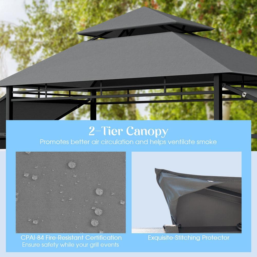 Gray Steel Outdoor BBQ Grill Gazebo with Dual Side Awnings