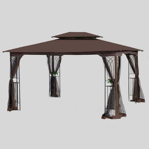13 ft. x 10 ft. Brown Patio Gazebo Canopy Tent with Ventilated Double Roof and Mosquito Net