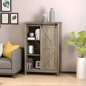 Brown Cupboard Storage Cabinet/Home 3-Tier Organizer with Barn Door and Adjustable Shelf
