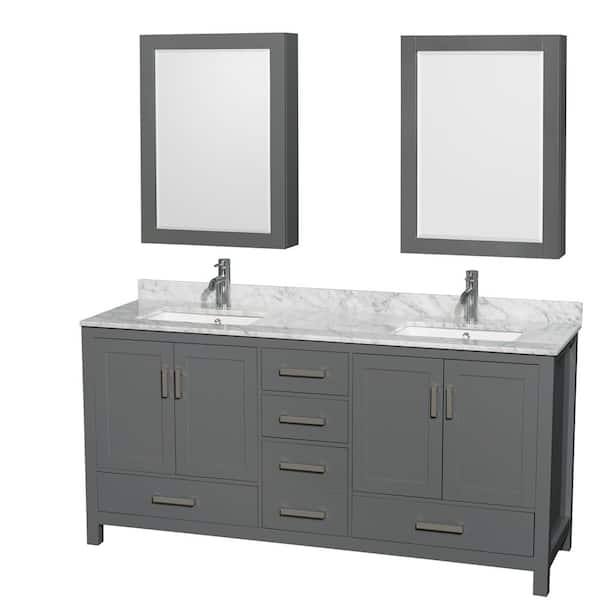 Wyndham Collection Sheffield 72 in. W x 22 in. D x 35 in. H Double Bath Vanity in Dark Gray with White Carrara Marble Top and MC Mirrors