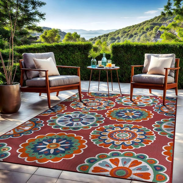 Mandala Red 8 ft. x 10 ft. Washable Bohemian Medallion Indoor Outdoor Area Rug