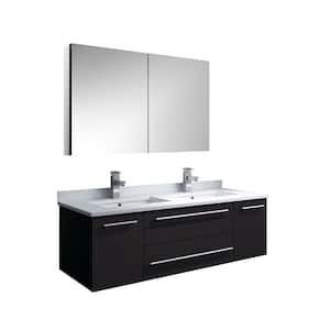 Lucera 48 in. W Wall Hung Vanity in Espresso with Quartz Double Sink Vanity Top in White, White Basins, Medicine Cabinet